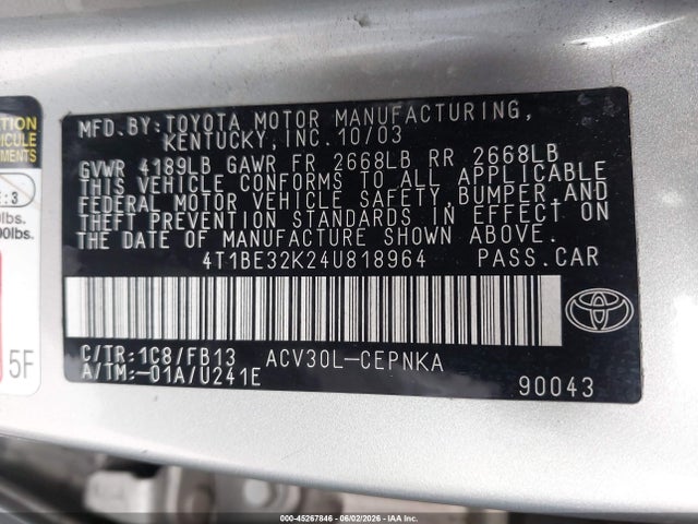 45267846 :رقم المزاد ، 4T1BE32K24U818964 vin ، 2004 Toyota Camry Le مزاد بيع