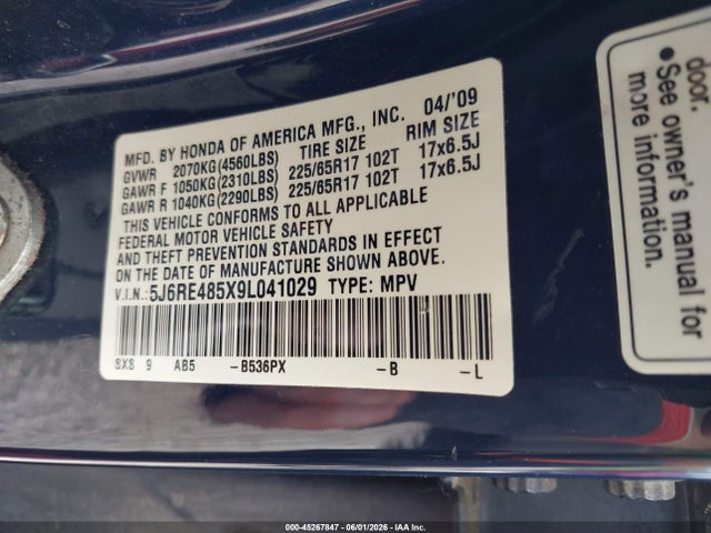 Aukcja sprzedaży 2009 Honda Cr-v Ex, vin: 5J6RE485X9L041029, numer aukcji: 45267847