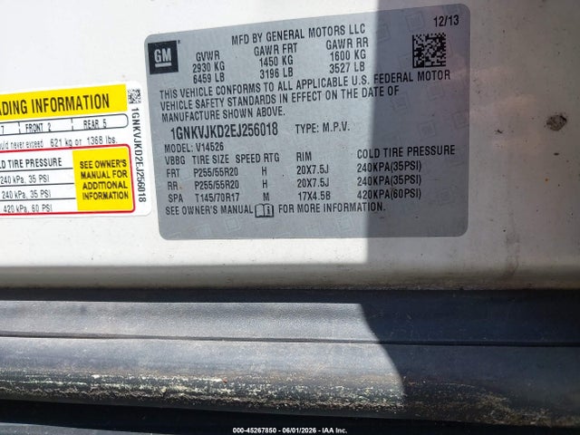 Aukcja sprzedaży 2014 Chevrolet Traverse Ltz, vin: 1GNKVJKD2EJ256018, numer aukcji: 45267850