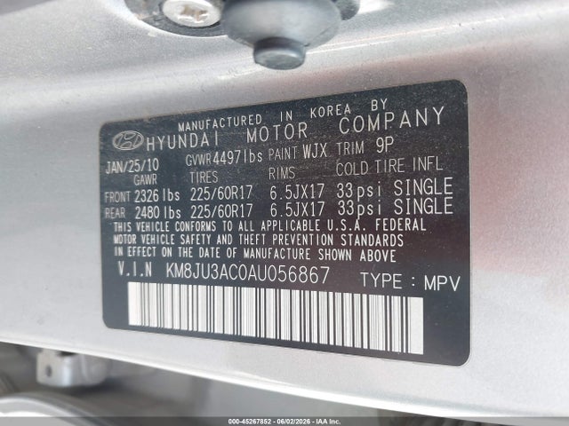 45267852 :رقم المزاد ، KM8JU3AC0AU056867 vin ، 2010 Hyundai Tucson Gls مزاد بيع