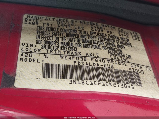 45267858 :رقم المزاد ، 3N1BC1CP1CK273043 vin ، 2012 Nissan Versa 1.8 S مزاد بيع