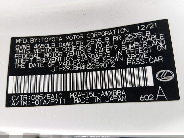 Lexus UX 250H 2022 JTHX9JBH4N2059012 Image 9