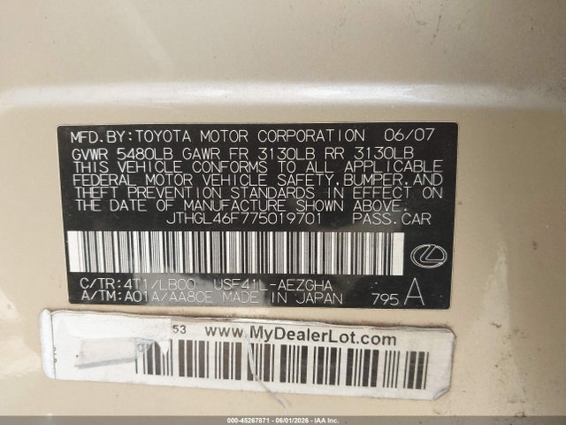 2007 Lexus Ls 460 L მანქანა იყიდება აუქციონზე, vin: JTHGL46F775019701, აუქციონის ნომერი: 45267871