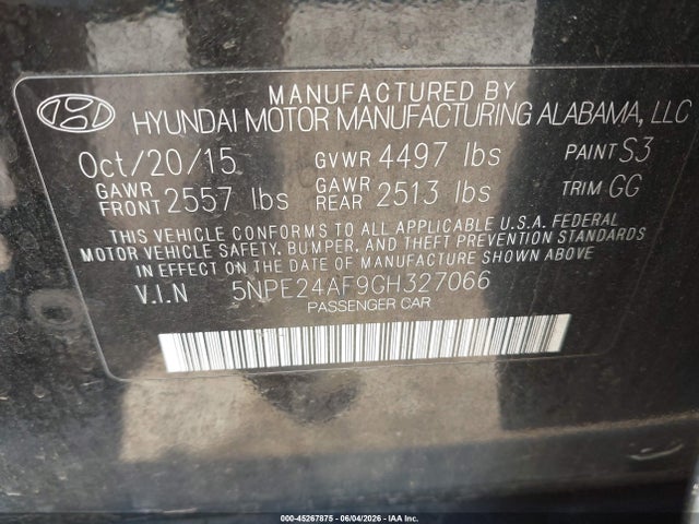 Продажа на аукционе авто 2016 Hyundai Sonata Se, vin: 5NPE24AF9GH327066, номер лота: 45267875
