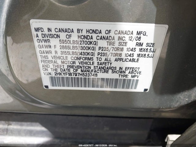 Продажа на аукционе авто 2007 Honda Pilot Ex-l, vin: 2HKYF18797H523748, номер лота: 45267877