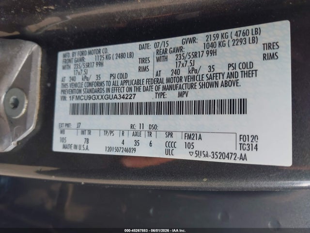 Aukcja sprzedaży 2016 Ford Escape Se, vin: 1FMCU9GXXGUA34227, numer aukcji: 45267883