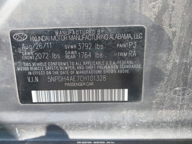 2012 Hyundai Elantra Limited მანქანა იყიდება აუქციონზე, vin: 5NPDH4AE7CH101328, აუქციონის ნომერი: 45267886