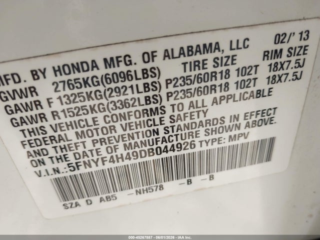 2013 Honda Pilot Ex მანქანა იყიდება აუქციონზე, vin: 5FNYF4H49DB044926, აუქციონის ნომერი: 45267887