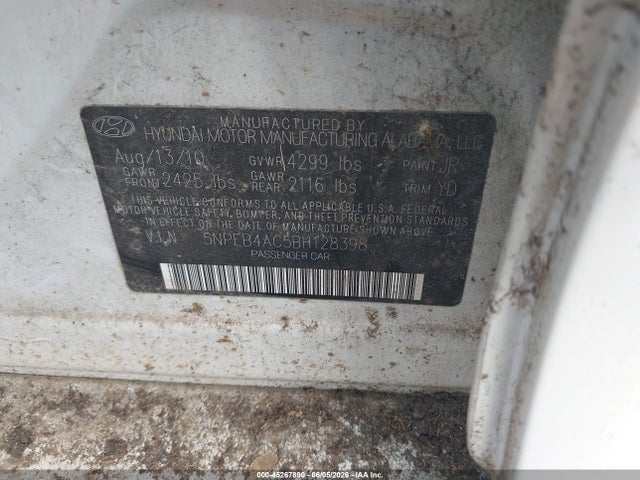 Aukcja sprzedaży 2011 Hyundai Sonata Gls, vin: 5NPEB4AC5BH128398, numer aukcji: 45267890
