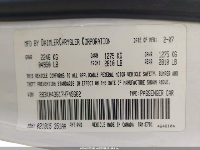 45267892 :رقم المزاد ، 2B3KA43G17H749662 vin ، 2007 Dodge Charger مزاد بيع