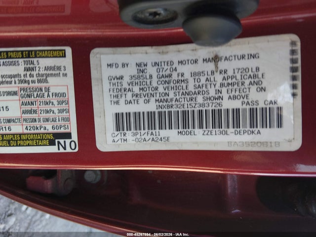 Продажа на аукционе авто 2005 Toyota Corolla Ce, vin: 1NXBR32E15Z383726, номер лота: 45267894
