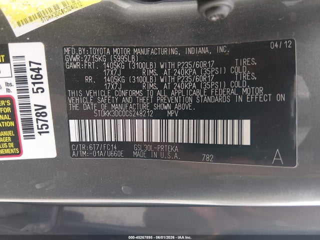 Продажа на аукционе авто 2012 Toyota Sienna Le V6 8 Passenger, vin: 5TDKK3DC0CS248212, номер лота: 45267895