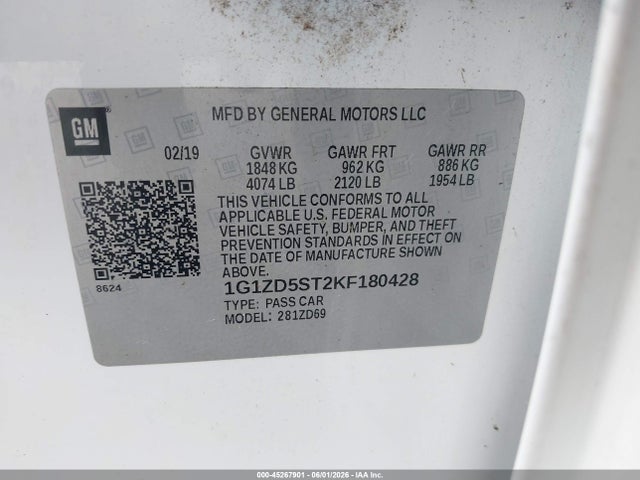 45267901 :رقم المزاد ، 1G1ZD5ST2KF180428 vin ، 2019 Chevrolet Malibu Lt مزاد بيع