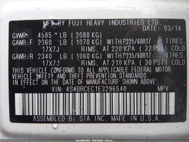 45267904 :رقم المزاد ، 4S4BRCEC1E3296540 vin ، 2014 Subaru Outback 2.5i Premium مزاد بيع