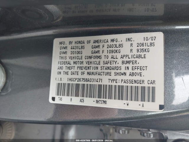 Продажа на аукционе авто 2008 Honda Accord 2.4 Ex, vin: 1HGCP26758A031471, номер лота: 45267906