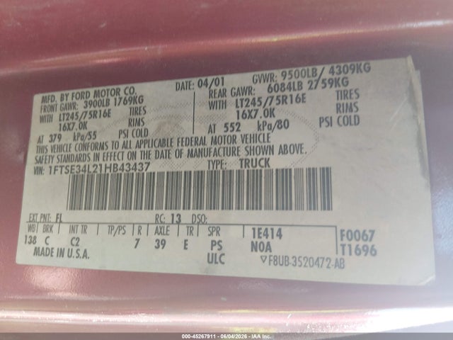 45267911 :رقم المزاد ، 1FTSE34L21HB43437 vin ، 2001 Ford E-350 Super Duty Commercial/recreational مزاد بيع