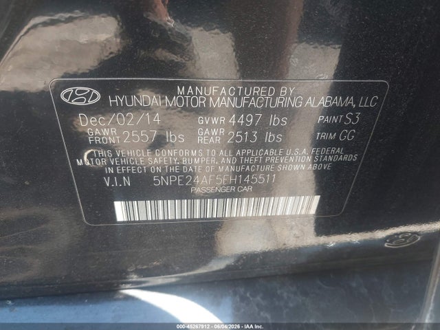 Aukcja sprzedaży 2015 Hyundai Sonata Se, vin: 5NPE24AF5FH145511, numer aukcji: 45267912