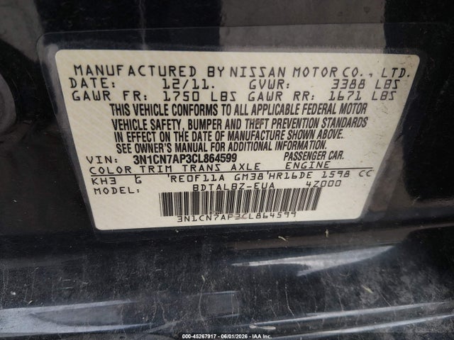 Продаж на аукціоні авто 2012 Nissan Versa 1.6 Sv, vin: 3N1CN7AP3CL864599, номер лоту: 45267917