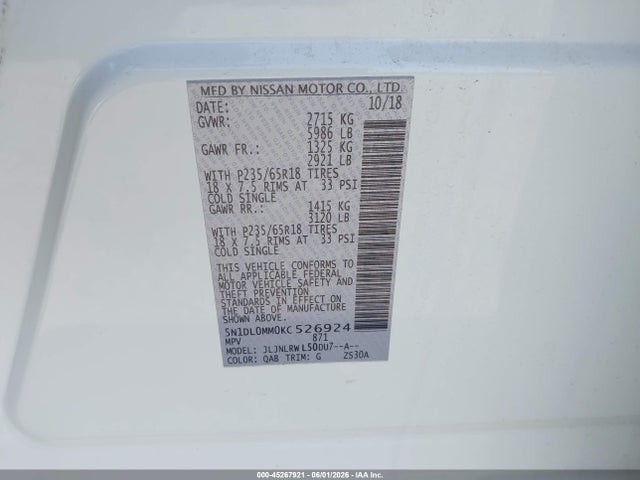 Aukcja sprzedaży 2019 Infiniti Qx60 Luxe, vin: 5N1DL0MM0KC526924, numer aukcji: 45267921