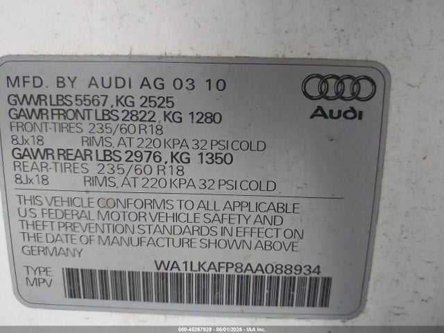 45267929 :رقم المزاد ، WA1LKAFP8AA088934 vin ، 2010 Audi Q5 3.2 Premium مزاد بيع