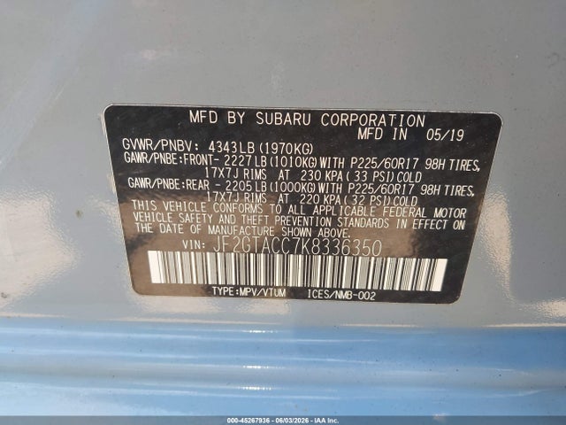 2019 Subaru Crosstrek 2.0i Premium მანქანა იყიდება აუქციონზე, vin: JF2GTACC7K8336350, აუქციონის ნომერი: 45267936