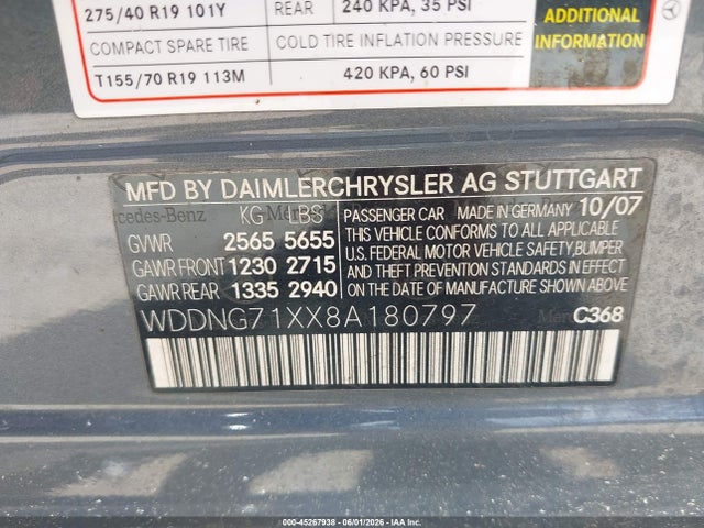 Aukcja sprzedaży 2008 Mercedes-benz S 550, vin: WDDNG71XX8A180797, numer aukcji: 45267938
