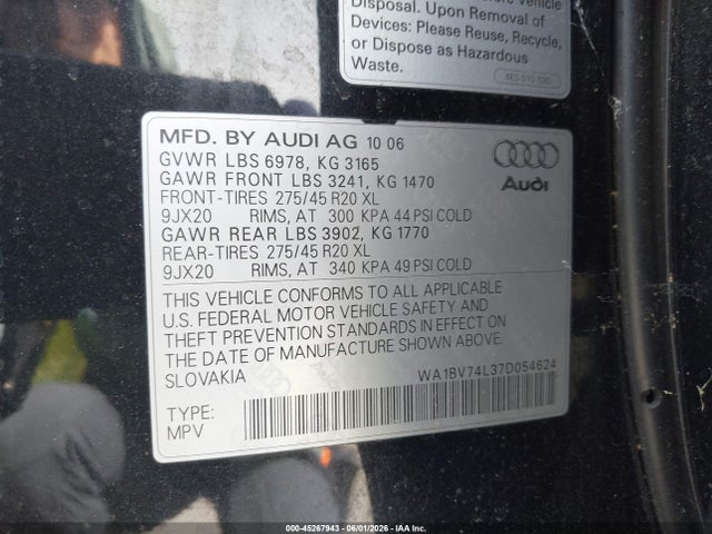 Aukcja sprzedaży 2007 Audi Q7 4.2 Premium, vin: WA1BV74L37D054624, numer aukcji: 45267943