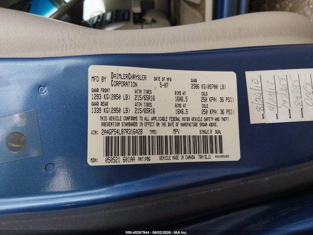 Продаж на аукціоні авто 2007 Chrysler Town & Country Touring, vin: 2A4GP54L87R316428, номер лоту: 45267944