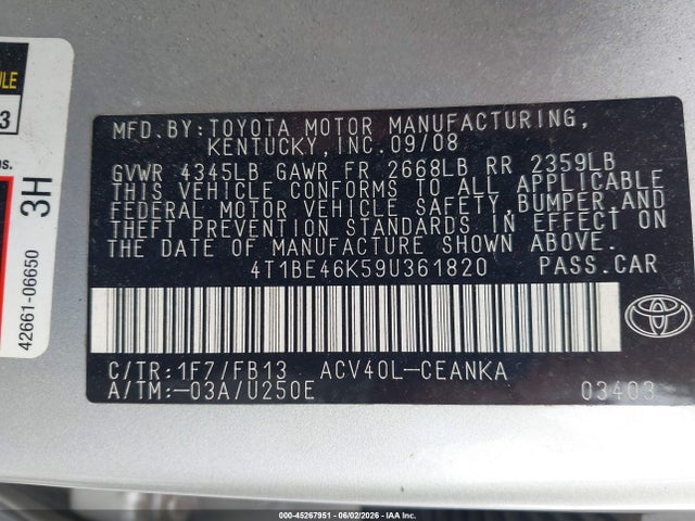 Продаж на аукціоні авто 2009 Toyota Camry Le, vin: 4T1BE46K59U361820, номер лоту: 45267951
