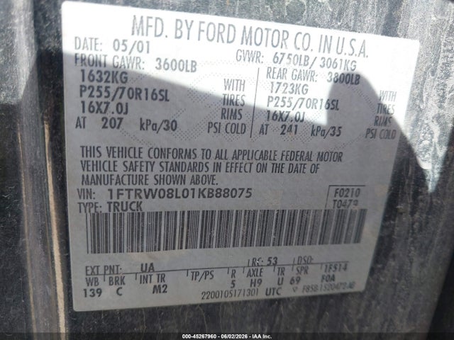 Продаж на аукціоні авто 2001 Ford F-150 King Ranch Edition/lariat/xlt, vin: 1FTRW08L01KB88075, номер лоту: 45267960