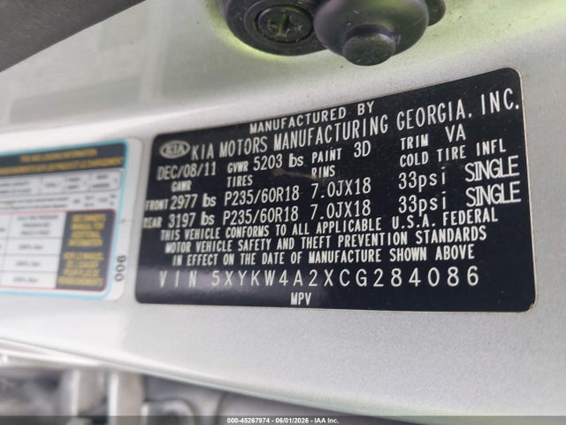 2012 Kia Sorento Sx V6 მანქანა იყიდება აუქციონზე, vin: 5XYKW4A2XCG284086, აუქციონის ნომერი: 45267974
