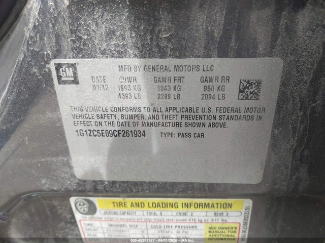 Продаж на аукціоні авто 2012 Chevrolet Malibu 1lt, vin: 1G1ZC5E09CF261934, номер лоту: 45267977
