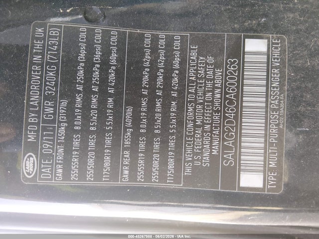 Aukcja sprzedaży 2012 Land Rover Lr4, vin: SALAG2D46CA600263, numer aukcji: 45267988