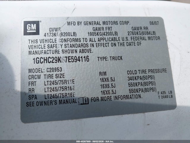 Aukcja sprzedaży 2007 Chevrolet Silverado 2500hd Work Truck, vin: 1GCHC29K67E594116, numer aukcji: 45267989