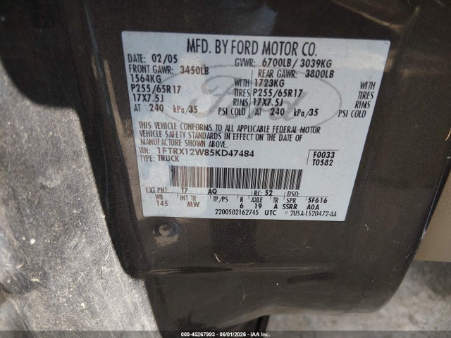 Продажа на аукционе авто 2005 Ford F-150 Stx/xl/xlt, vin: 1FTRX12W85KD47484, номер лота: 45267993