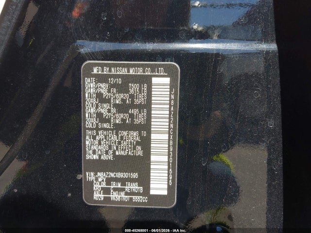 Aukcja sprzedaży 2011 Infiniti Qx56, vin: JN8AZ2NCXB9301595, numer aukcji: 45268001