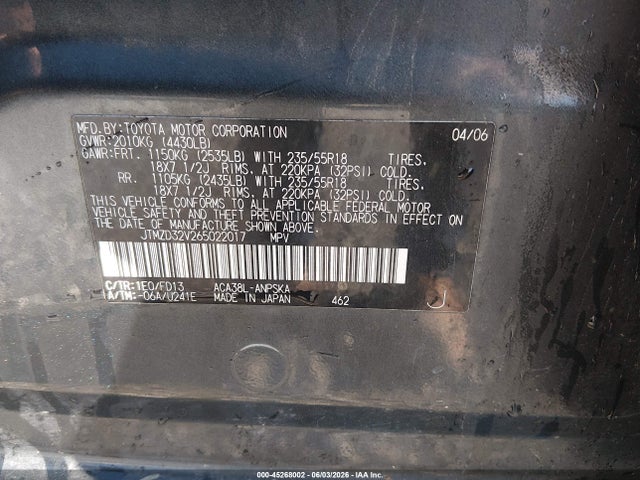 45268002 :رقم المزاد ، JTMZD32V265022017 vin ، 2006 Toyota Rav4 Sport مزاد بيع