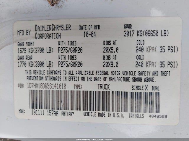 Aukcja sprzedaży 2005 Dodge Ram 1500 Slt/laramie, vin: 1D7HA18D65S141010, numer aukcji: 45268003
