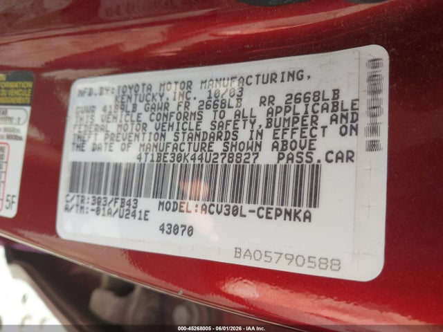 45268005 :رقم المزاد ، 4T1BE30K44U278827 vin ، 2004 Toyota Camry Le مزاد بيع
