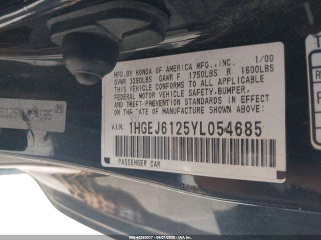 2000 Honda Civic Dx მანქანა იყიდება აუქციონზე, vin: 1HGEJ6125YL054685, აუქციონის ნომერი: 45268017