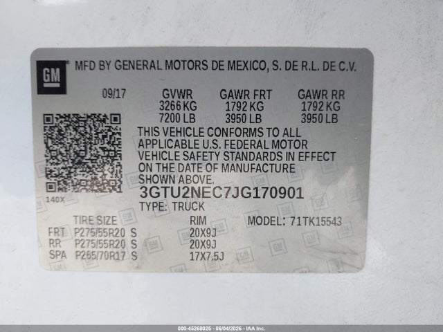 Продаж на аукціоні авто 2018 Gmc Sierra 1500 Slt, vin: 3GTU2NEC7JG170901, номер лоту: 45268025