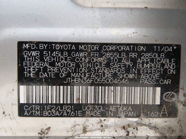 2005 Lexus Ls 430 მანქანა იყიდება აუქციონზე, vin: JTHBN36F055004646, აუქციონის ნომერი: 45268027