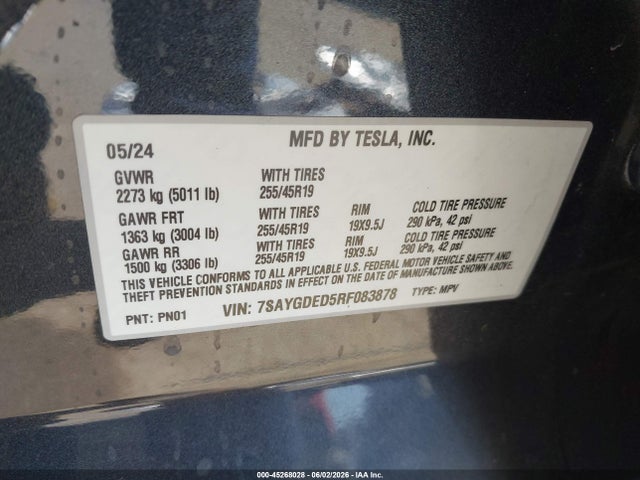 Продажа на аукционе авто 2024 Tesla Model Y, vin: 7SAYGDED5RF083878, номер лота: 45268028