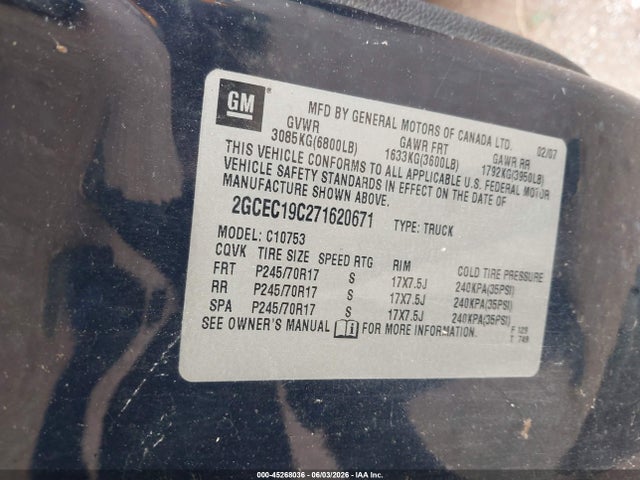 Aukcja sprzedaży 2007 Chevrolet Silverado 1500 Lt1, vin: 2GCEC19C271620671, numer aukcji: 45268036