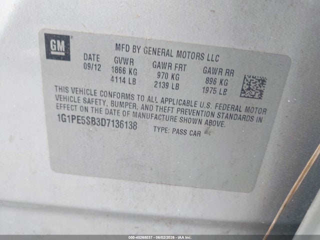 Aukcja sprzedaży 2013 Chevrolet Cruze 2lt Auto, vin: 1G1PE5SB3D7136138, numer aukcji: 45268037