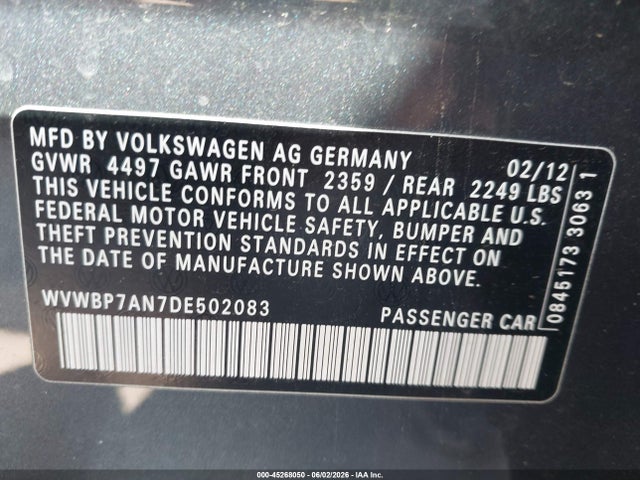 2013 Volkswagen Cc 2.0t Sport Plus მანქანა იყიდება აუქციონზე, vin: WVWBP7AN7DE502083, აუქციონის ნომერი: 45268050