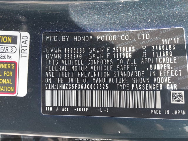 45268051 :رقم المزاد ، JHMZC5F36JC002525 vin ، 2018 Honda Clarity Plug-in Hybrid Touring مزاد بيع