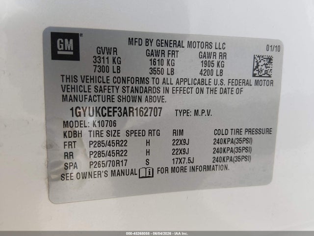 45268058 :رقم المزاد ، 1GYUKCEF3AR162707 vin ، 2010 Cadillac Escalade Premium مزاد بيع