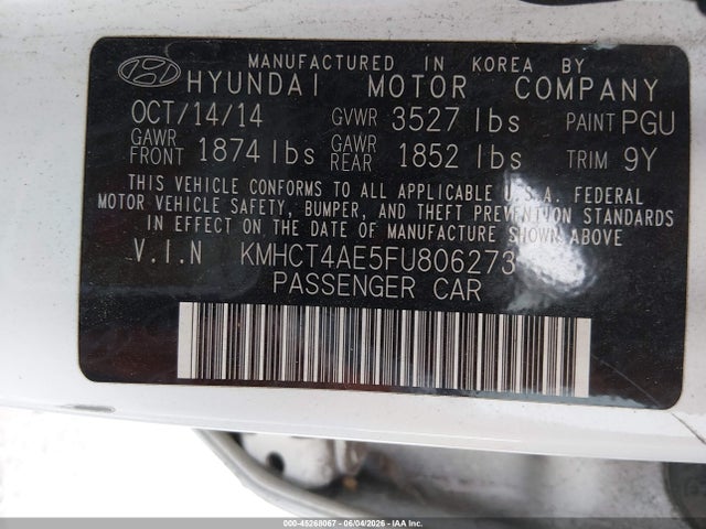 Продаж на аукціоні авто 2015 Hyundai Accent Gls, vin: KMHCT4AE5FU806273, номер лоту: 45268067