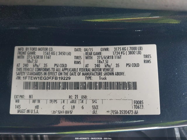 45268072 :رقم المزاد ، 1FTEW1EG3FFB19229 vin ، 2015 Ford F-150 Lariat مزاد بيع